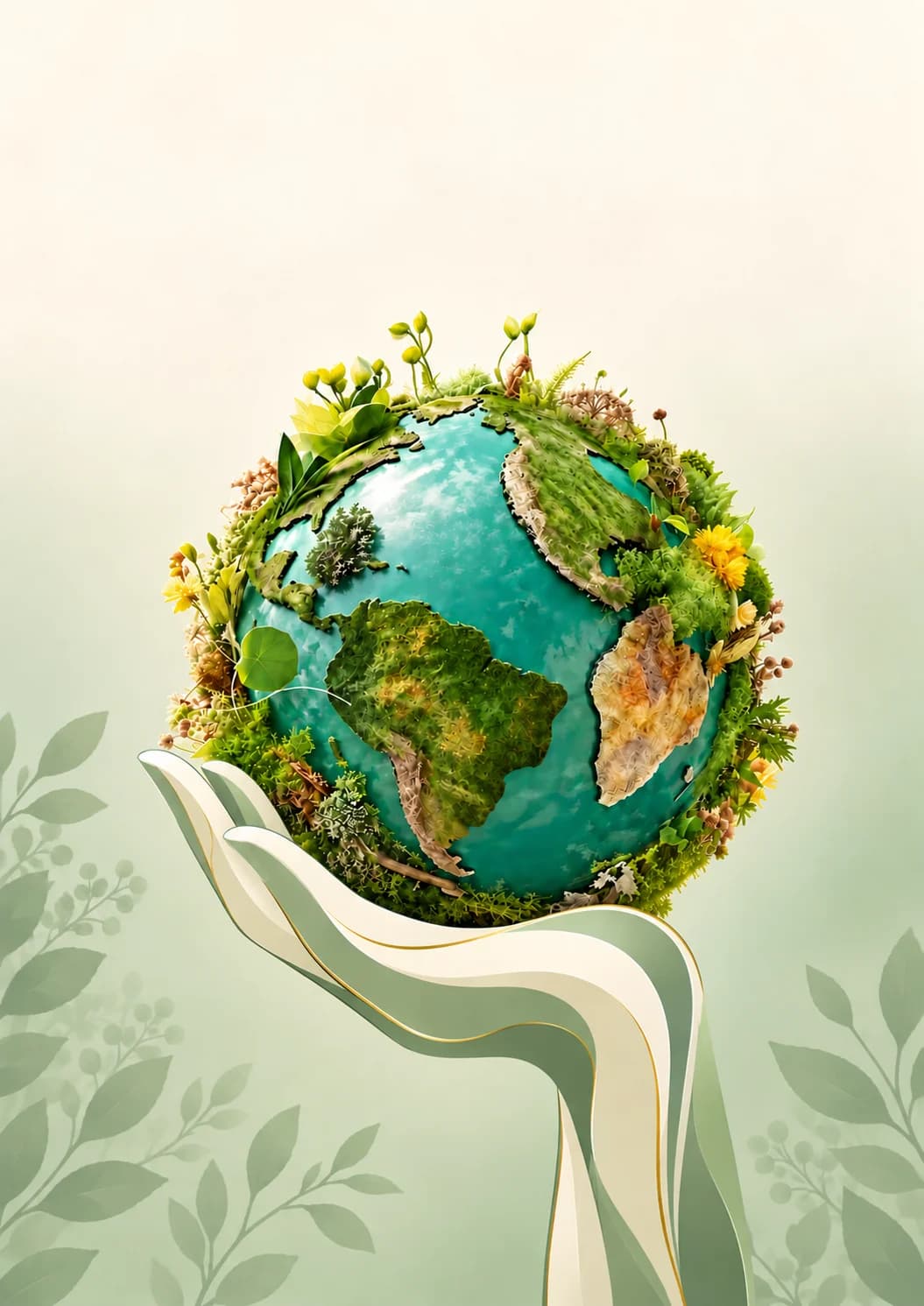 An illustrated hand holding a green globe, symbolising care for the environment