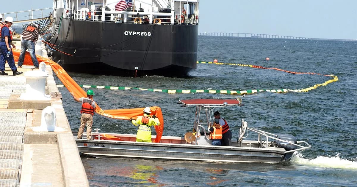 Crew deploying oil spill containment booms